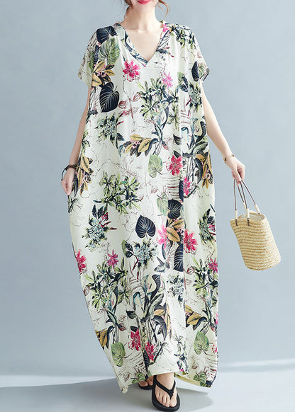 V Neck Print Cozy Maxi Dress Short Sleeve