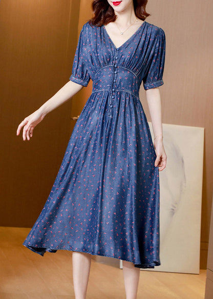 V Neck Print Tunic Silk Denim Long Dress Short Sleeve