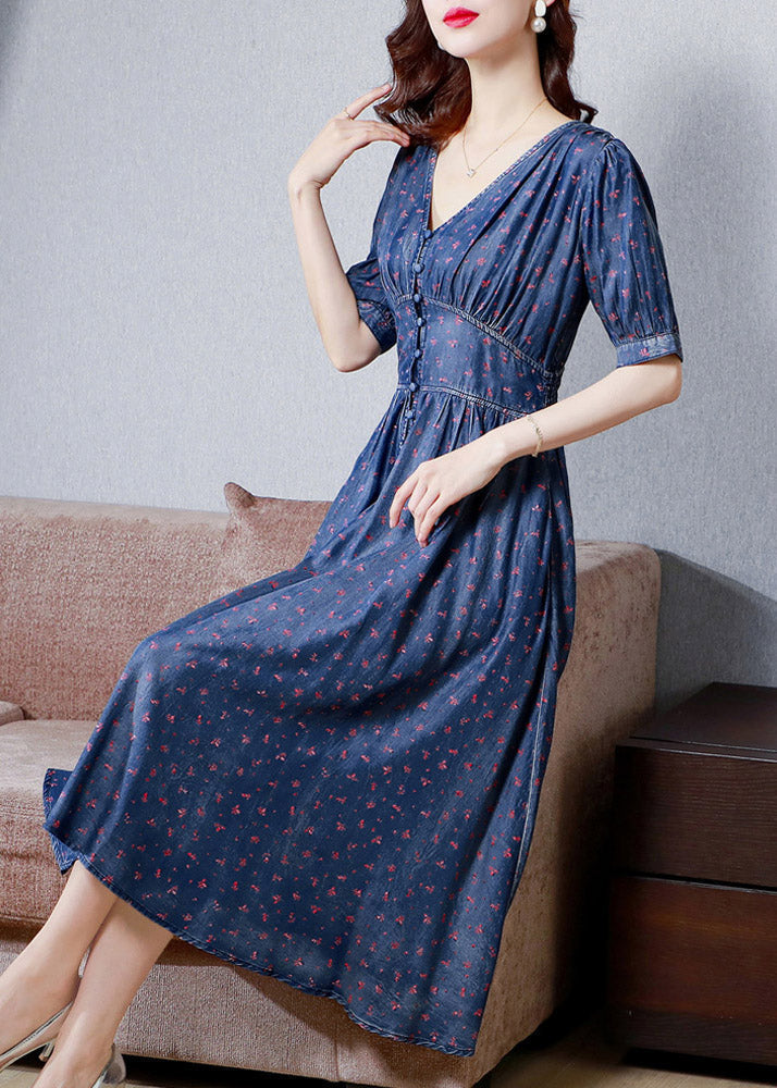 V Neck Print Tunic Silk Denim Long Dress Short Sleeve
