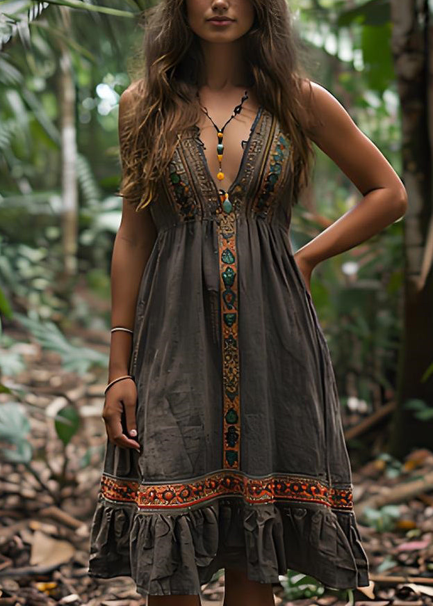 V Neck Print Wrinkled Cotton Spaghetti Strap Dress Summer