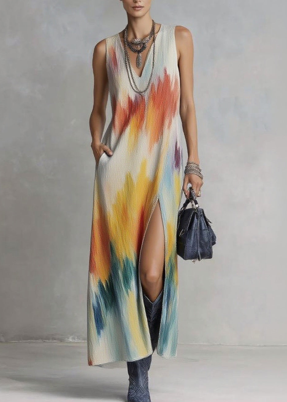 V Neck Side Open Print Long Dresses Sleeveless