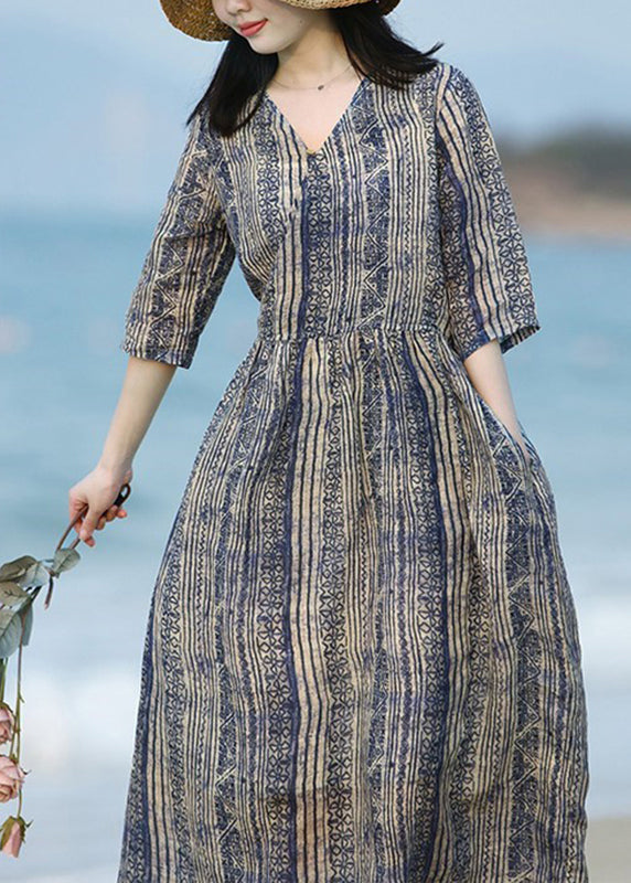 V Neck Striped Print Patchwork Ramie Long Dress Summer