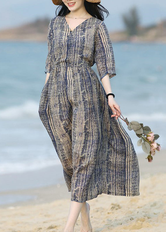 V Neck Striped Print Patchwork Ramie Long Dress Summer