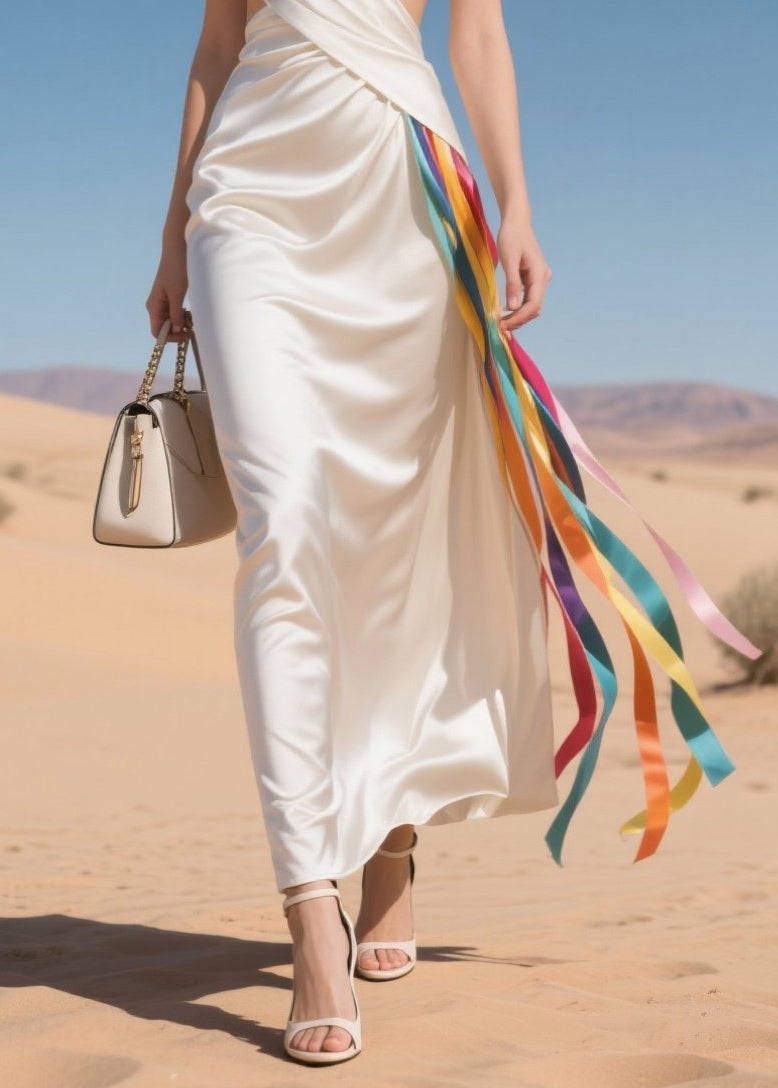 White Cold Waist Multicolour Ribbon Silk Vestidos Dress Summer