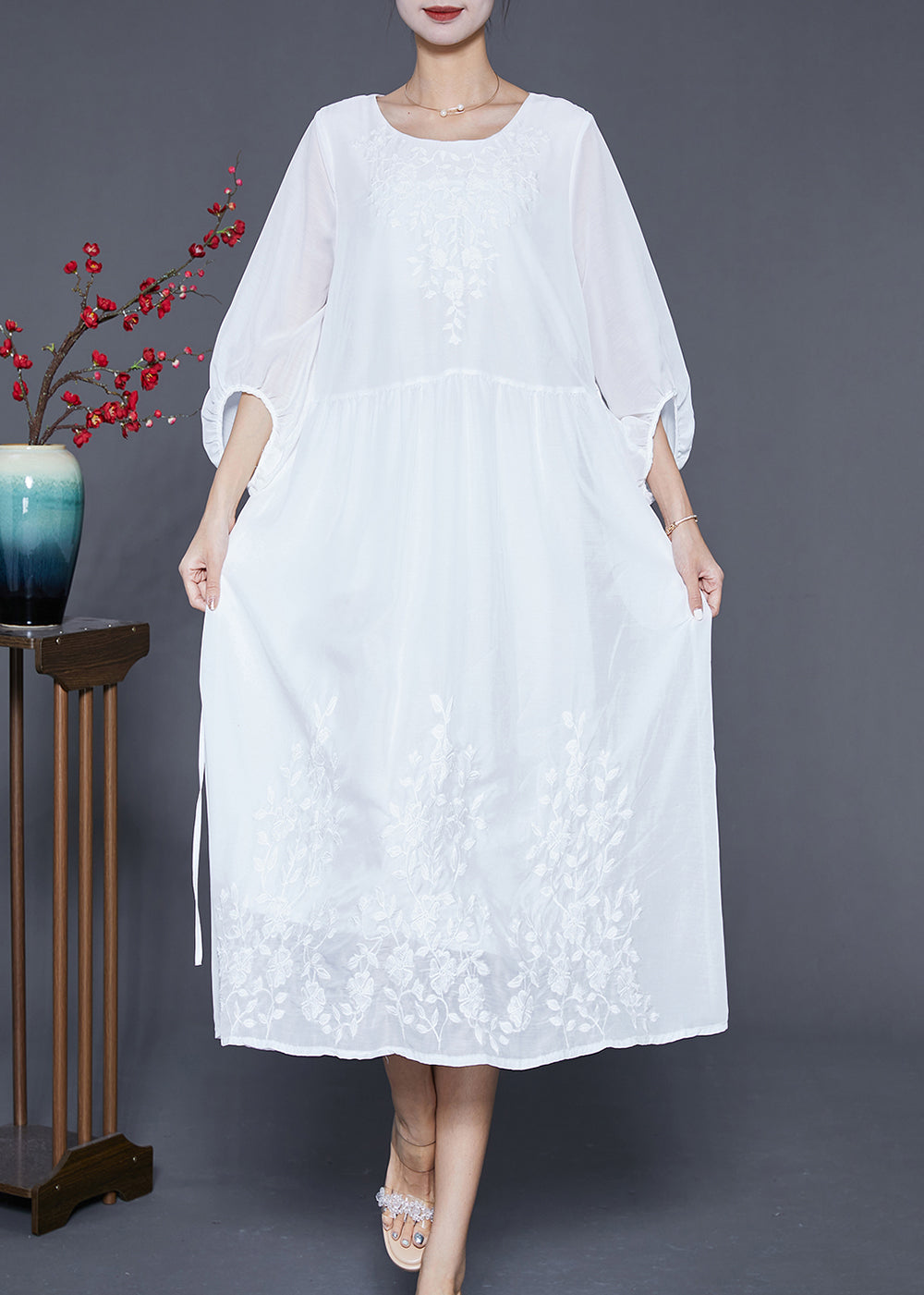 White Embroidered Oversized Cotton Dress Lantern Sleeve