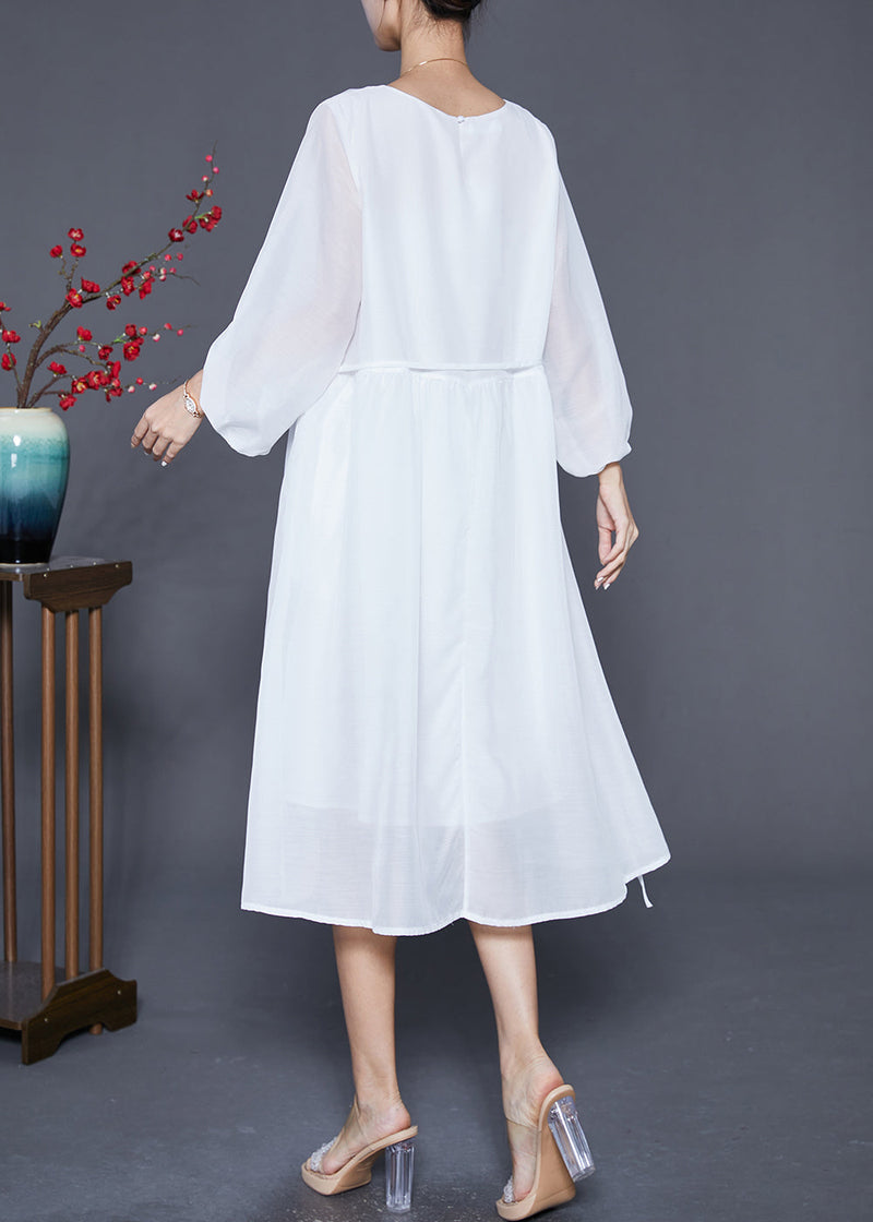 White Embroidered Oversized Cotton Dress Lantern Sleeve