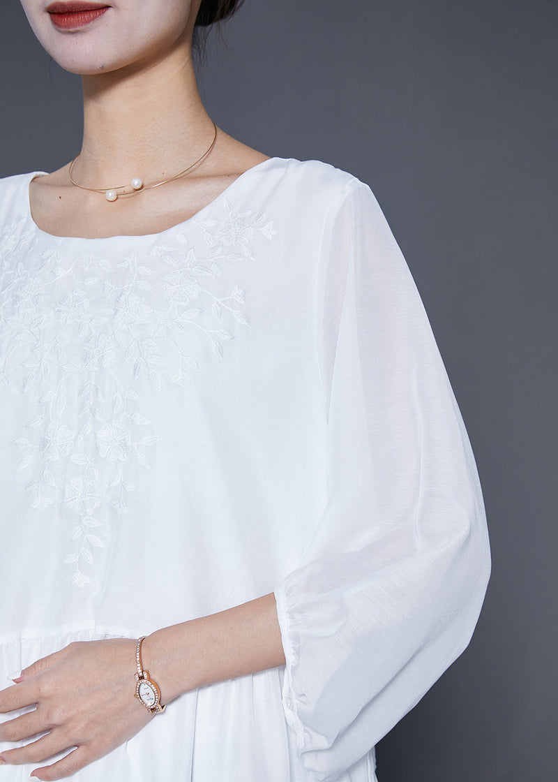 White Embroidered Oversized Cotton Dress Lantern Sleeve