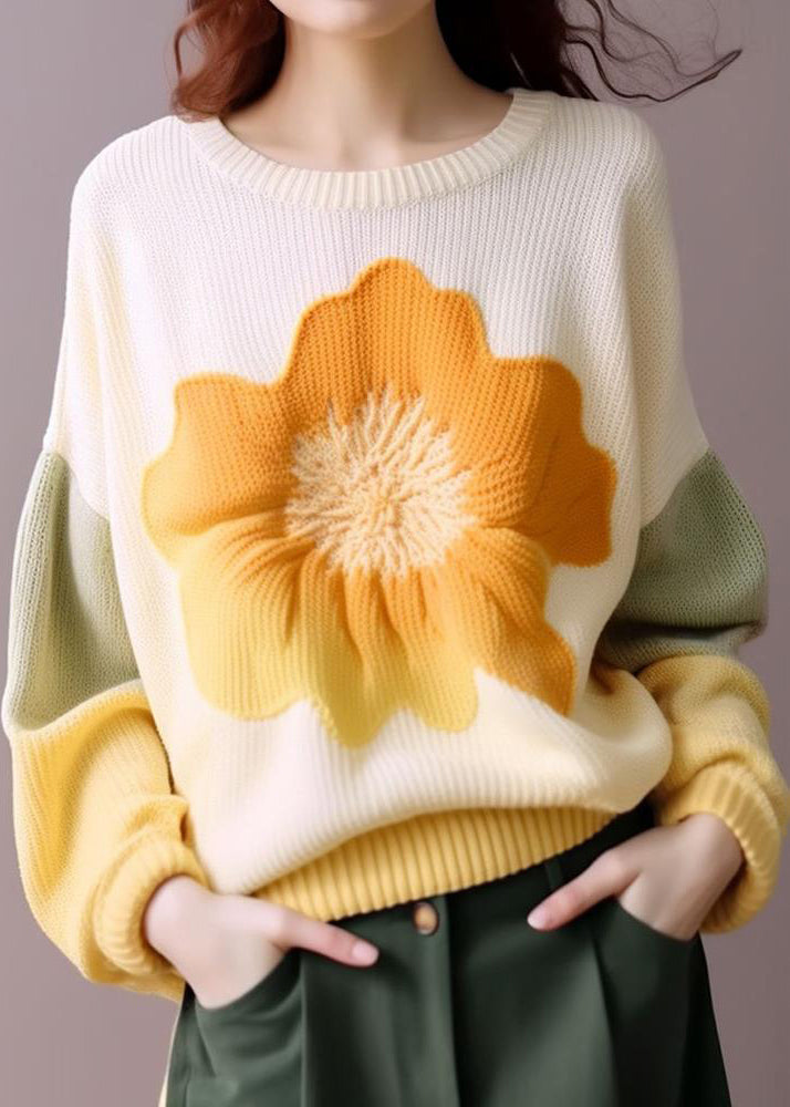 White O Neck Print Knit Tops Long Sleeve