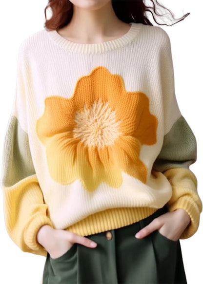 White O Neck Print Knit Tops Long Sleeve