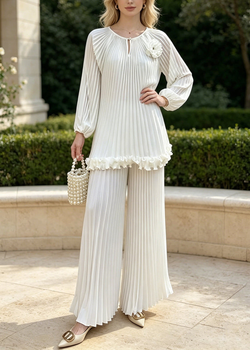 White Oversized Chiffon Pleated Two Pieces Set Spring