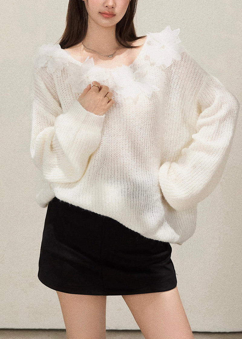 White Oversized Decorated Knit Tops Fall