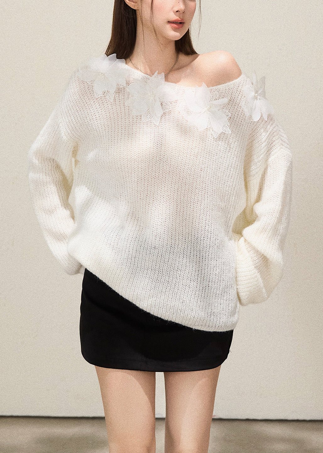 White Oversized Decorated Knit Tops Fall