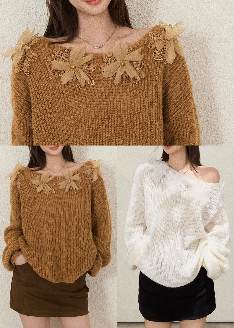 White Oversized Decorated Knit Tops Fall
