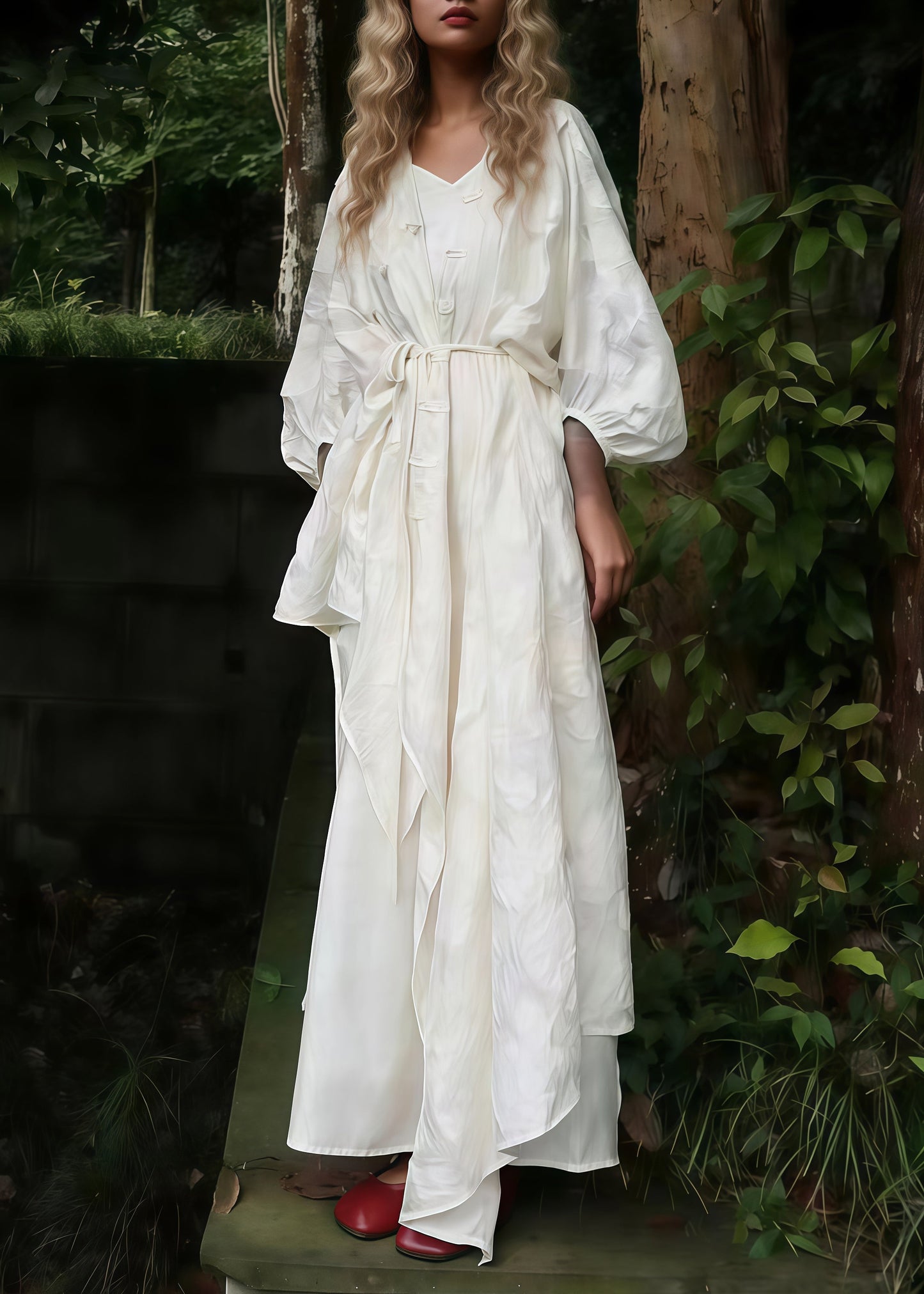 White Oversized Jacquard Cotton Cardigan and Long Dress 2 Piece Outfit Spring