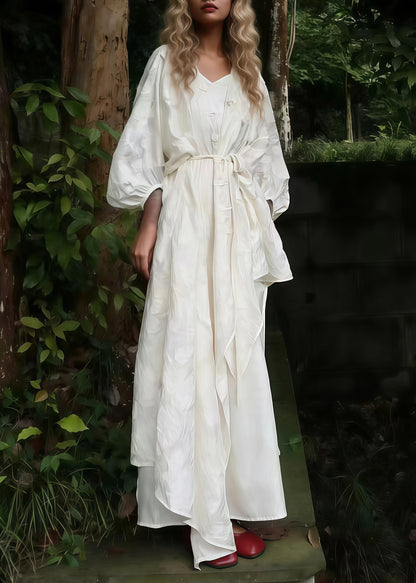 White Oversized Jacquard Cotton Cardigan and Long Dress 2 Piece Outfit Spring