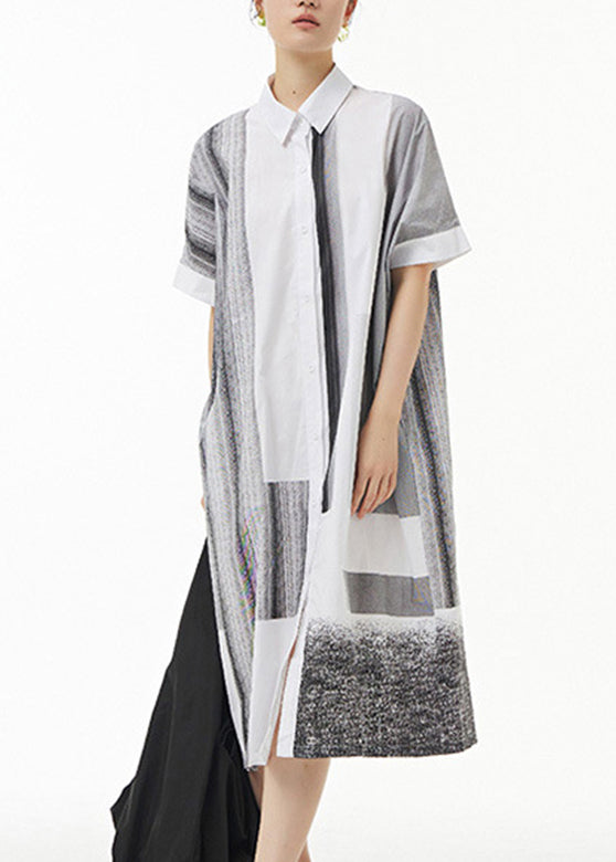 White Peter Pan Collar Striped Cotton Maxi Shirt Dress Summer