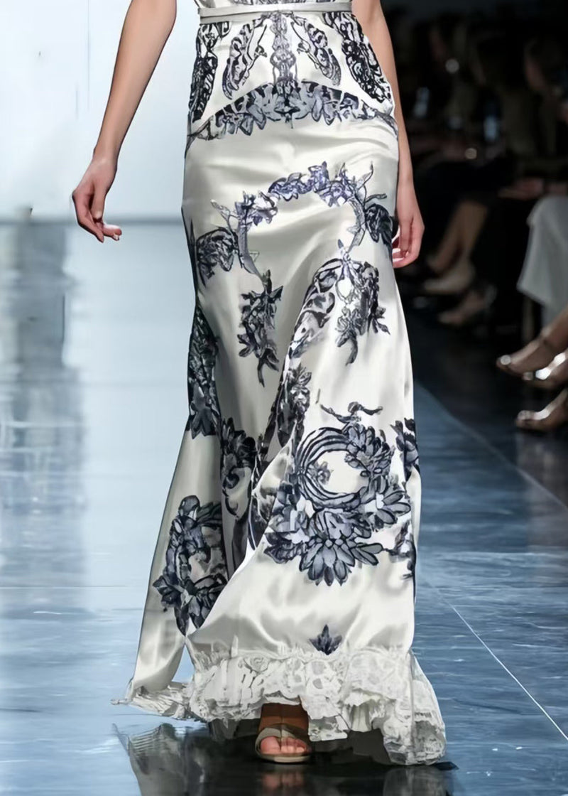 White Print Patchwork Lace Silk Vestidos Dress Summer