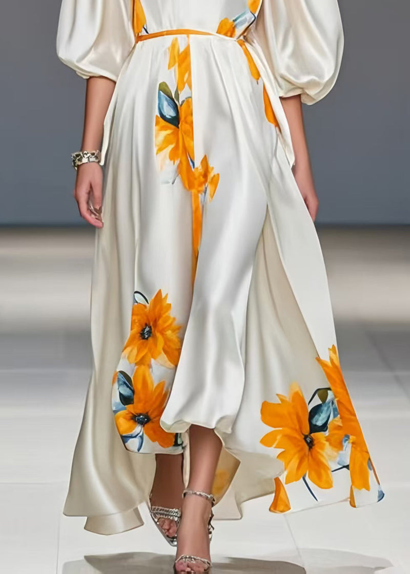 White Puff Sleeve Print Silk Maxi Dresses