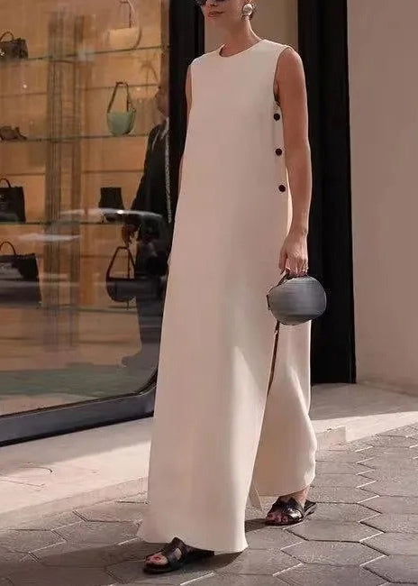 White Side Open Cotton a Line Dress Sleeveless
