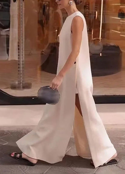 White Side Open Cotton a Line Dress Sleeveless