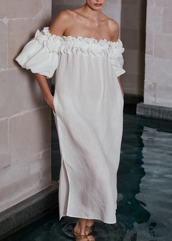 White Slash Neck Ruffled Side Open Cotton Vacation Dresses Puff Sleeve