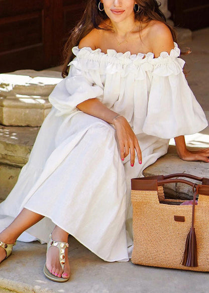 White Slash Neck Ruffled Side Open Cotton Vacation Dresses Puff Sleeve