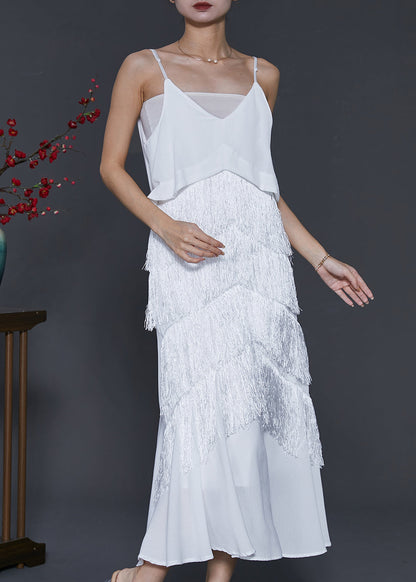 White Tasseled Chiffon Sundress Summer