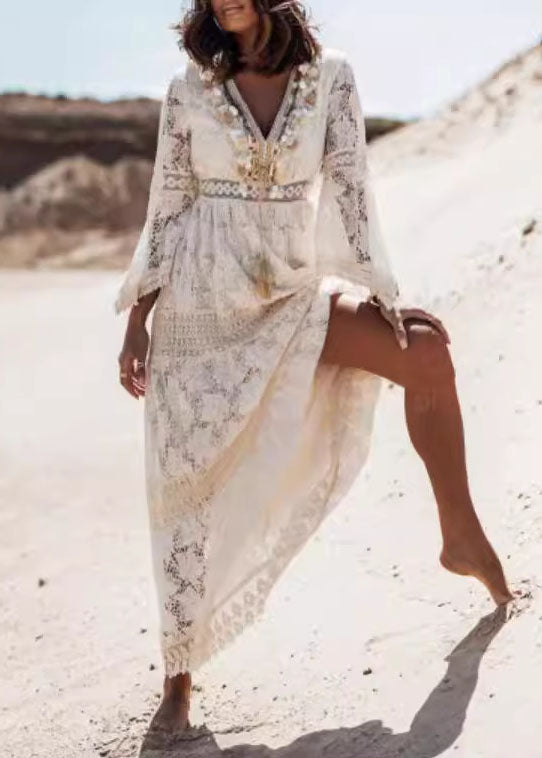 White Tasseled Hollow Out Lace Dresses Summer
