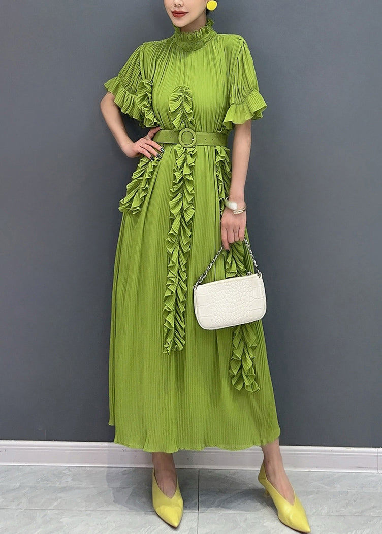 White Turtleneck Ruffled Patchwork Long Dresses Short Sleeve