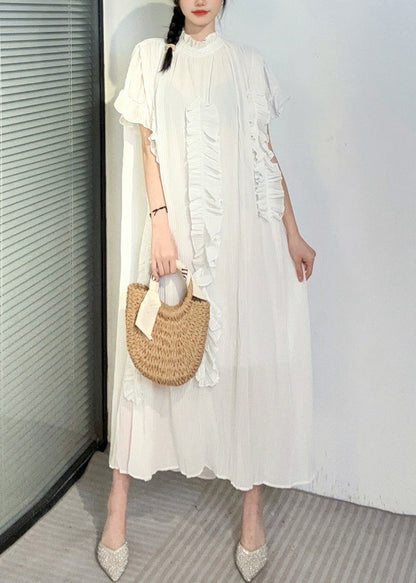 White Turtleneck Ruffled Patchwork Long Dresses Short Sleeve