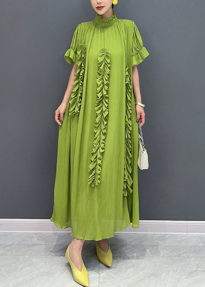 White Turtleneck Ruffled Patchwork Long Dresses Short Sleeve