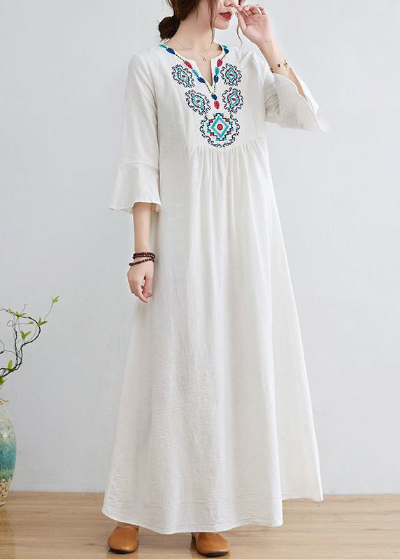 White V Neck Embroideried Cotton a Line Dress Bracelet Sleeve