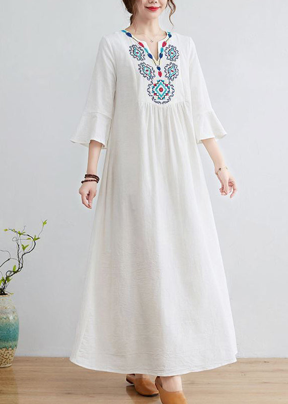 White V Neck Embroideried Cotton a Line Dress Bracelet Sleeve