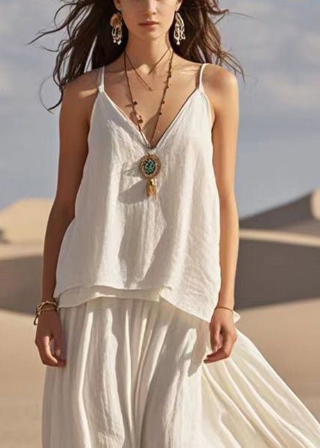 White V Neck Patchwork Cotton Spaghetti Strap Dress Summer