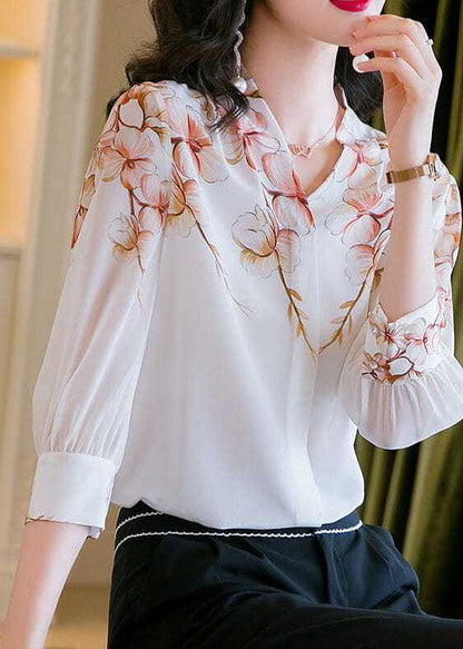 White V Neck Print Patchwork Silk Shirt Top Summer