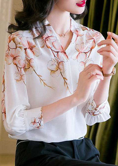 White V Neck Print Patchwork Silk Shirt Top Summer