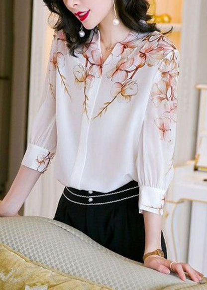 White V Neck Print Patchwork Silk Shirt Top Summer