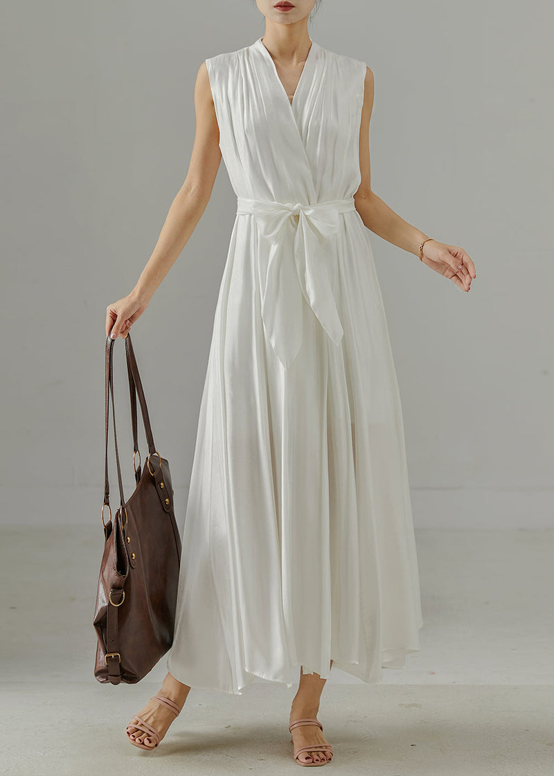White V Neck Tie Waist Cotton Dress Sleeveless