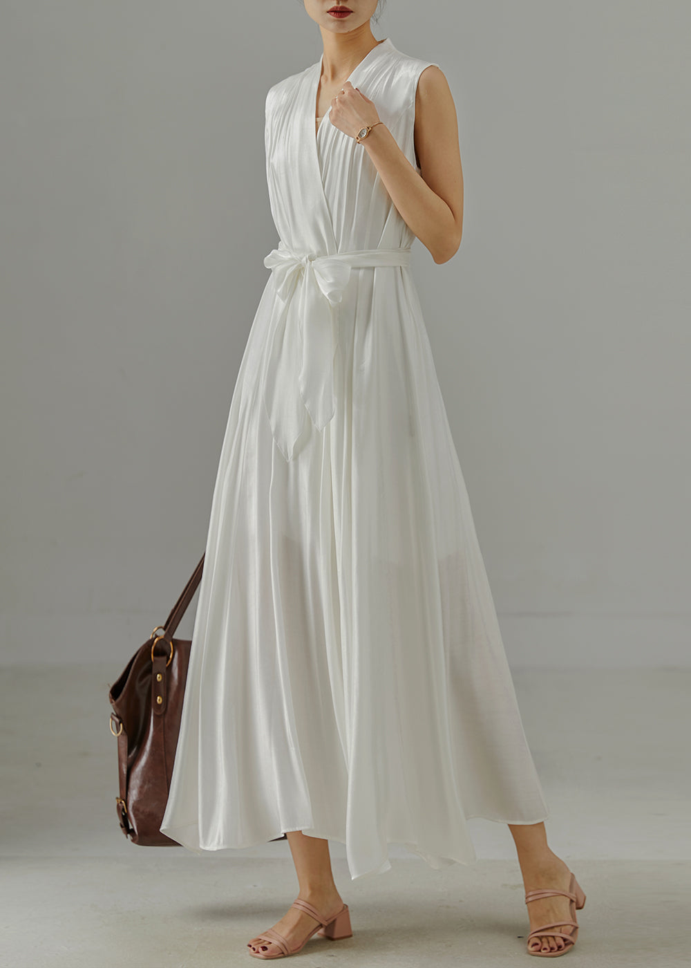 White V Neck Tie Waist Cotton Dress Sleeveless