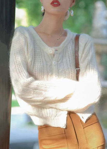 Yellow Button Hollow Out Patchwork Knit Cardigan Fall
