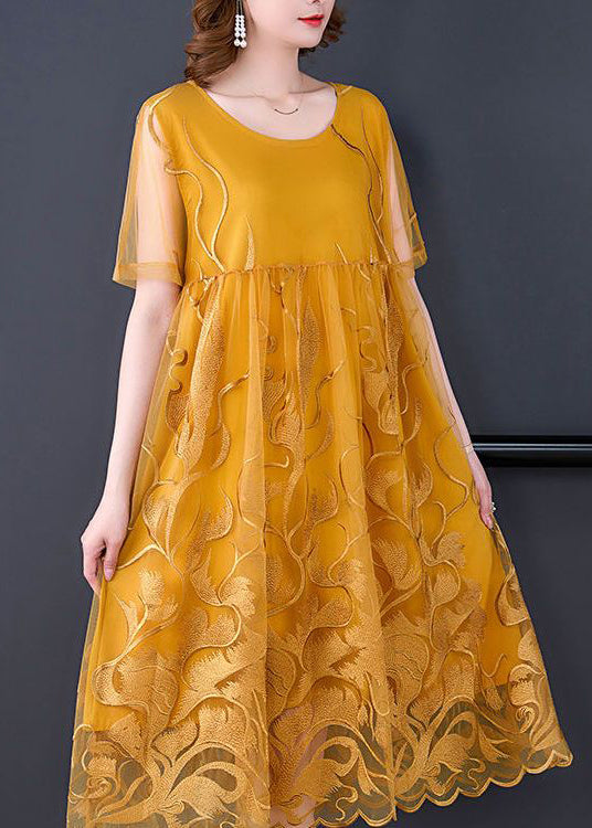 Yellow Embroideried Hollow Out Tulle Dress Summer