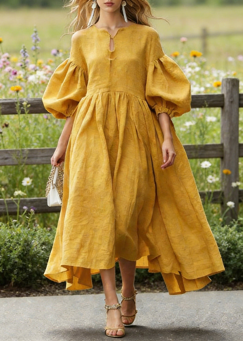 Yellow Exra Large Hem Cotton Maxi Dresses Lantern Sleeve