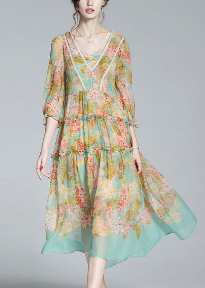 Yellow Green V Neck Print Patchwork Ruffled Maxi Dresses Summer
