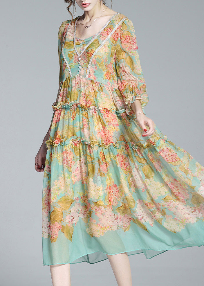 Yellow Green V Neck Print Patchwork Ruffled Maxi Dresses Summer