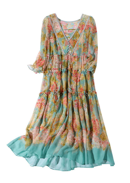 Yellow Green V Neck Print Patchwork Ruffled Maxi Dresses Summer