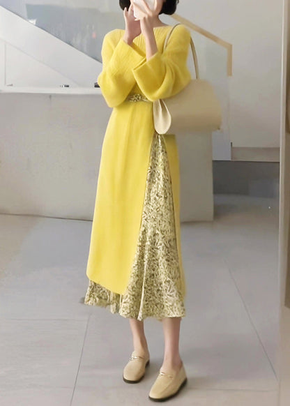 Yellow O-neck Knit Sweaters Dresses and Skirts Two Piece Set Fall
