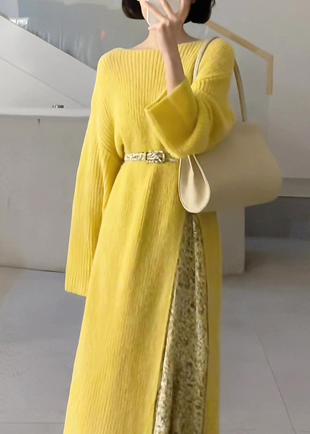 Yellow O-neck Knit Sweaters Dresses and Skirts Two Piece Set Fall