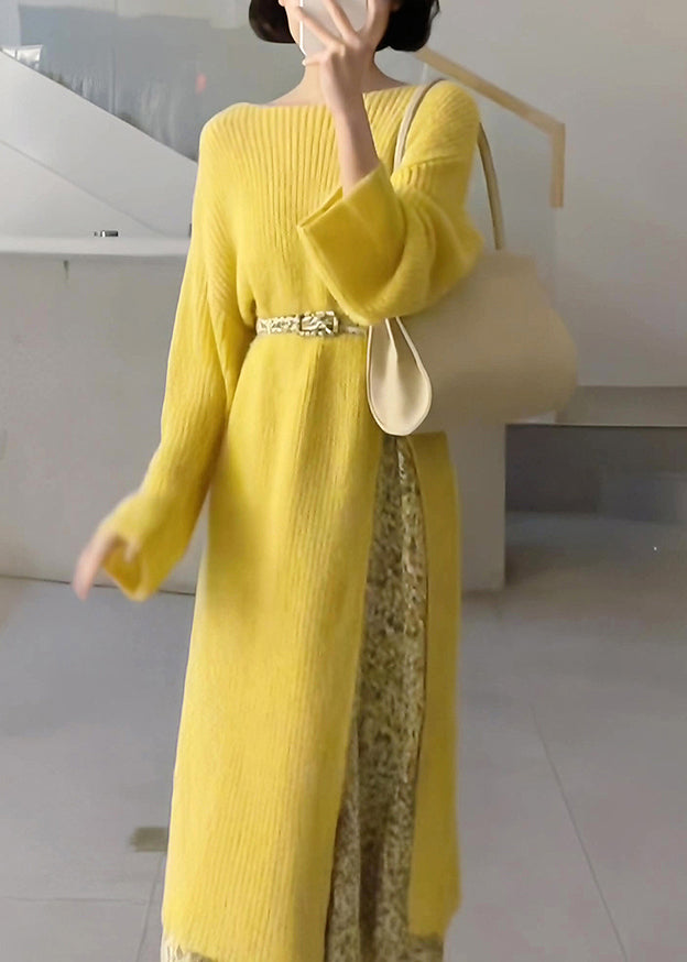 Yellow O-neck Knit Sweaters Dresses and Skirts Two Piece Set Fall