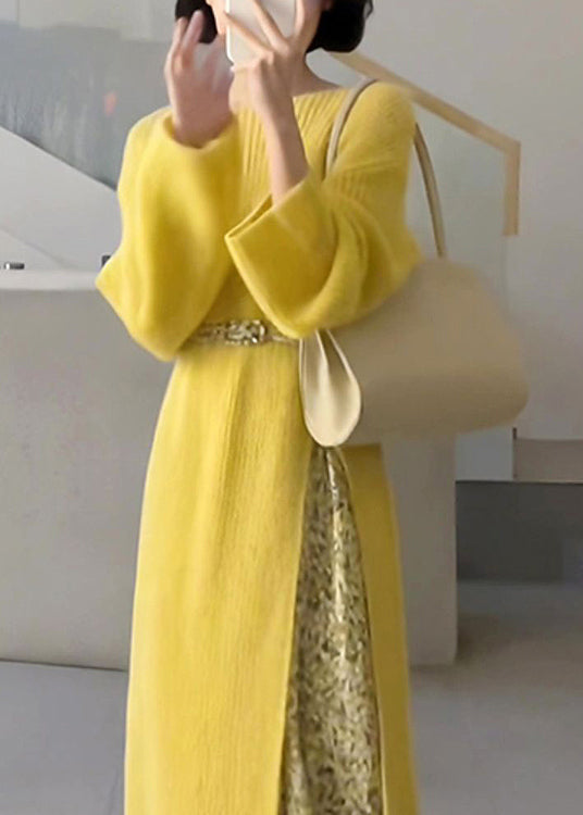 Yellow O-neck Knit Sweaters Dresses and Skirts Two Piece Set Fall
