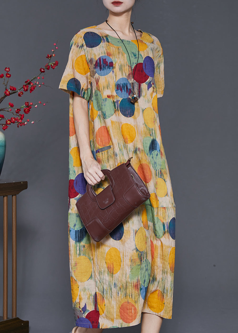 Yellow O-neck Print Cotton Long Dresses Summer